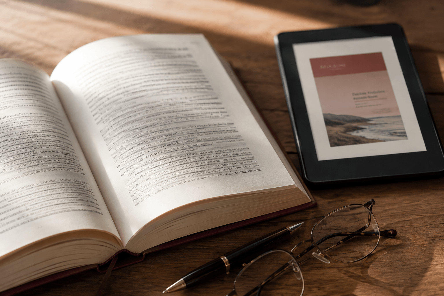 Libro físico y dispositivo digital usado para explicar por qué un manuscrito debe pasar por corrección antes de subirlo a Amazon KDP