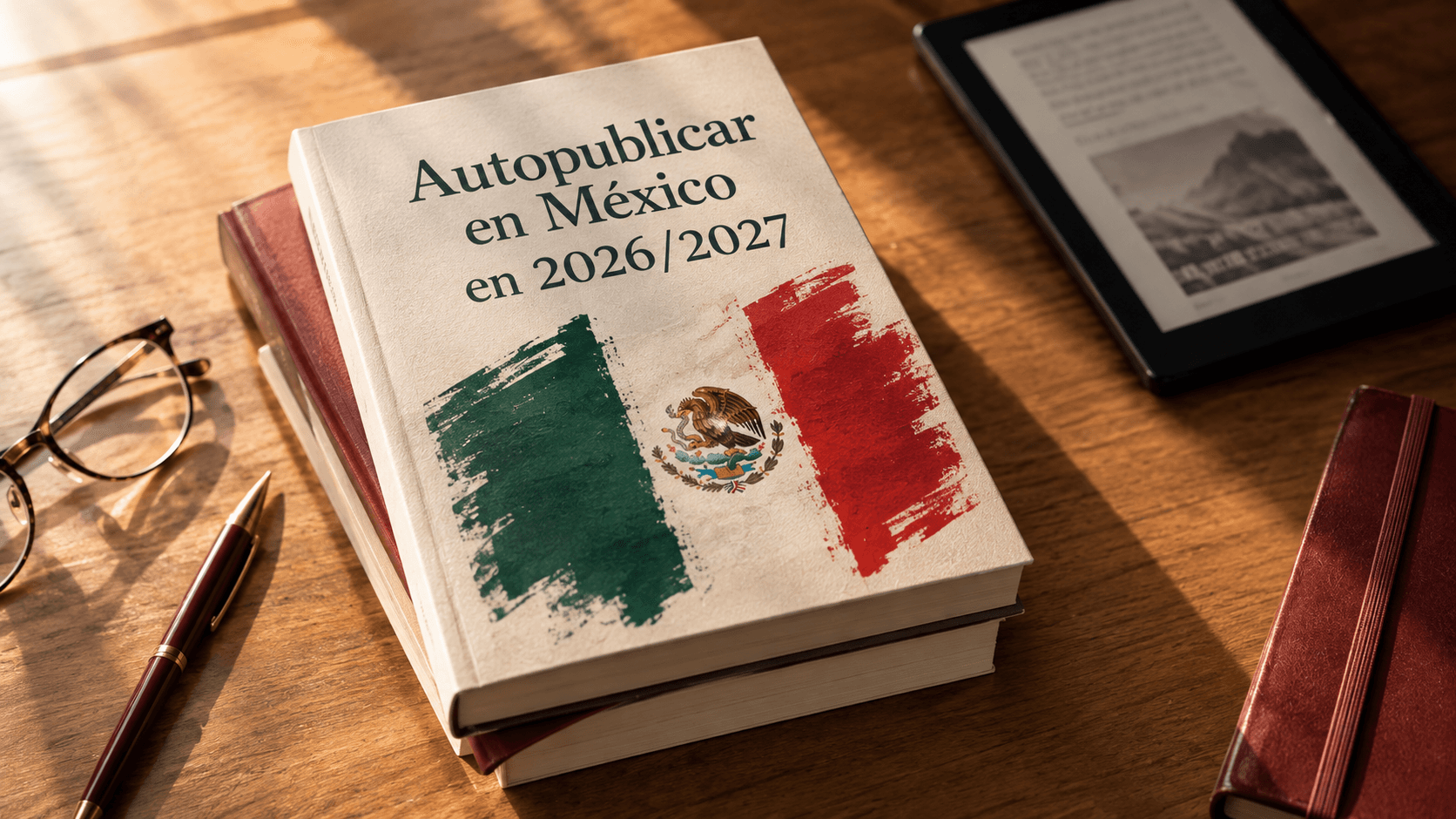 Libro físico, anteojos, lápiz y dispositivo digital usado para explicar el proceso de autopublicarse en México en 2026/2027